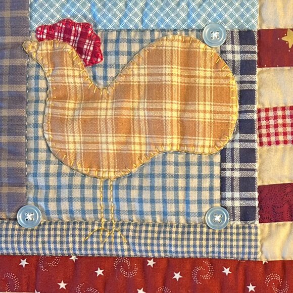 Handmade Folk Art CHICKEN USA FLAG Patchwork Appliqué Quilt Square Wall Hanging - Picture 2 of 11